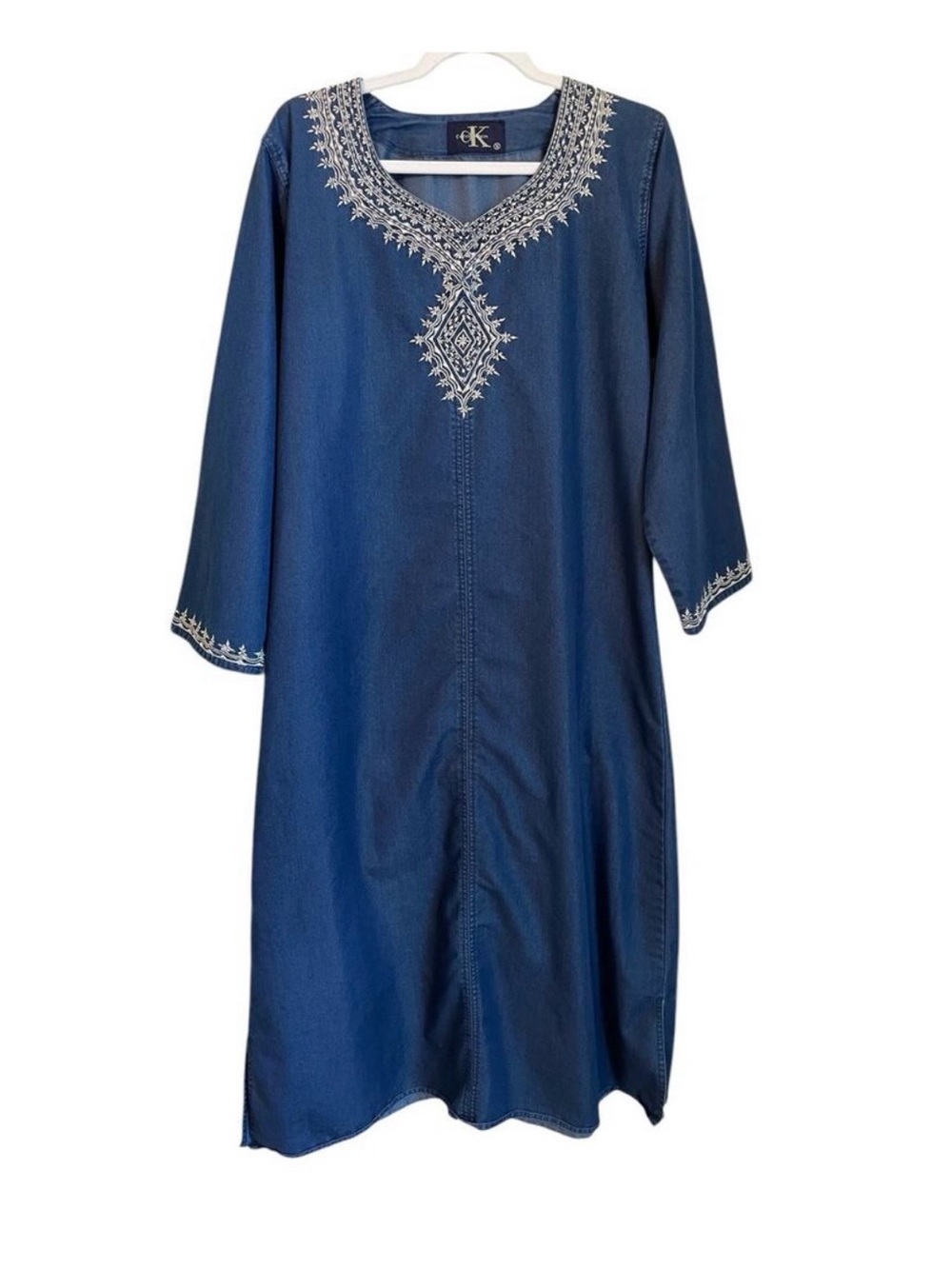 Calvin Klein Size S Boho Embroidered Chambray Kaftan Maxi Dress 3/4 Sleeve